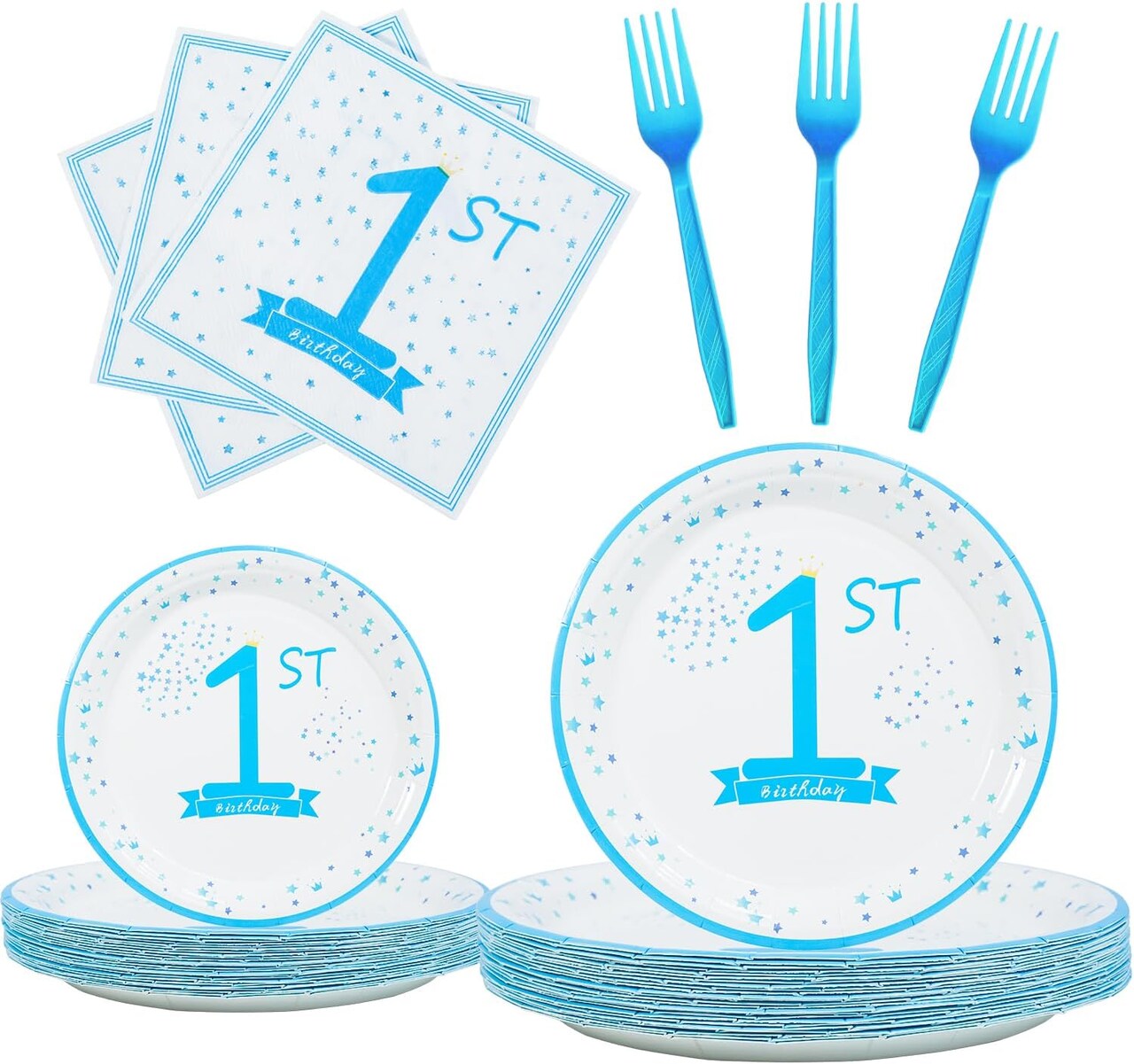 1st Birthday Decorations for Boys Blue First Birthday Party Tableware Set,25 Guests